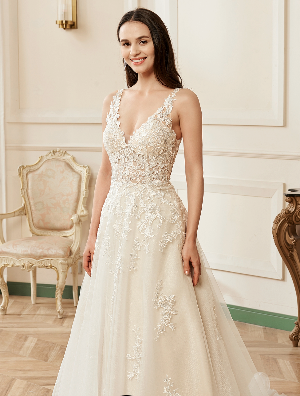 Illusion V-Neckline A-Line Lace Straps Bridal Gown