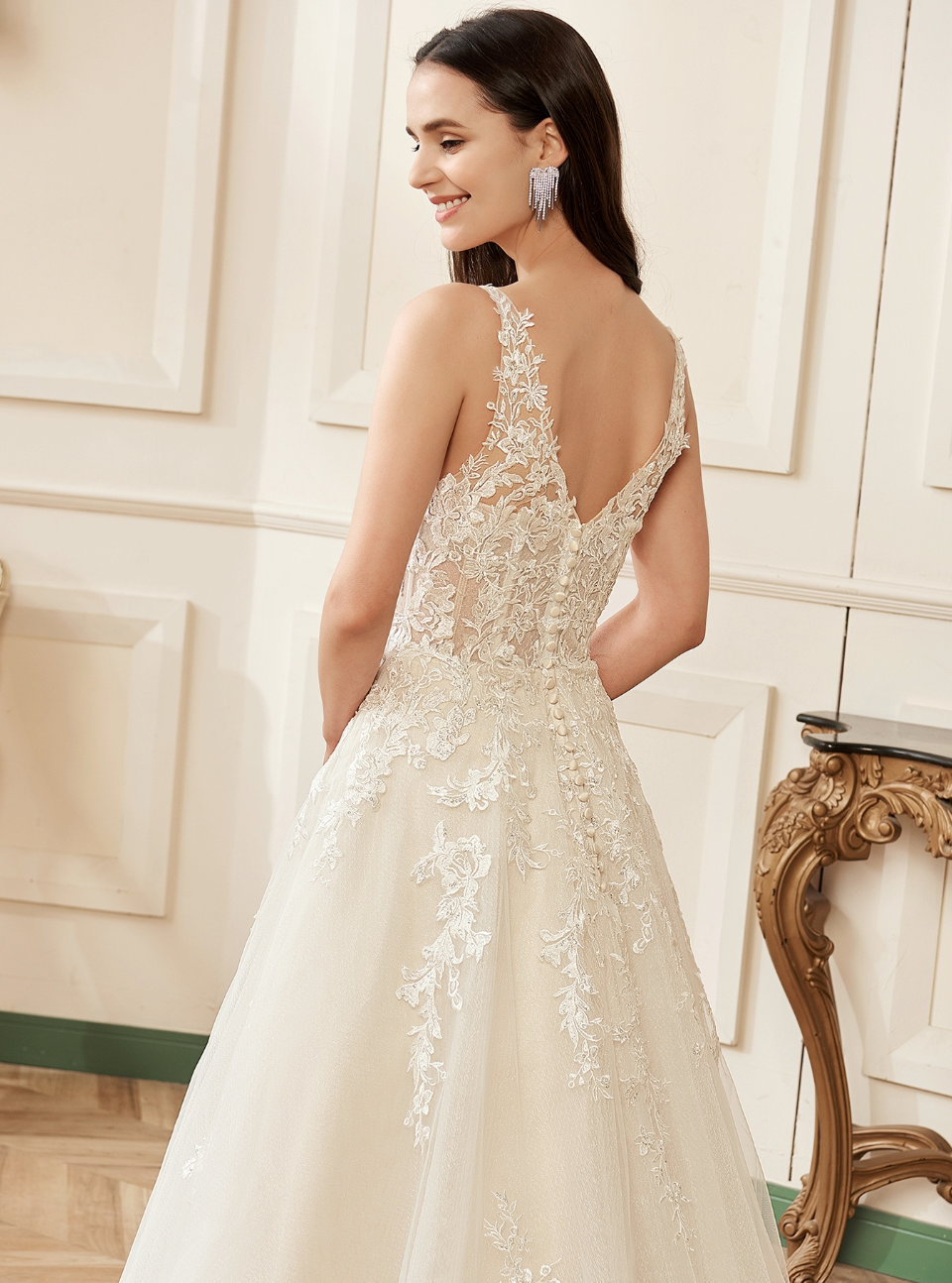 Illusion V-Neckline A-Line Lace Straps Bridal Gown