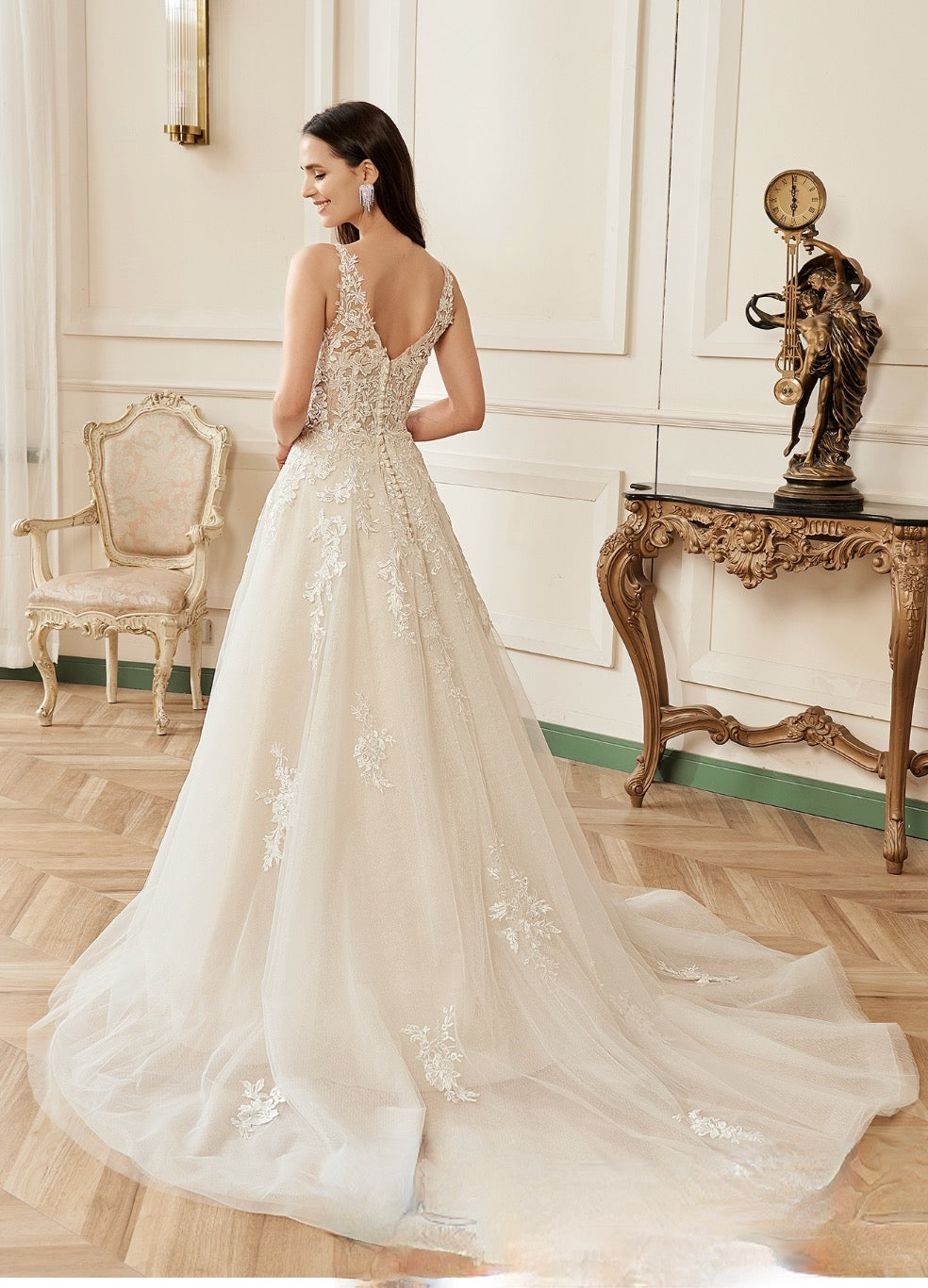 Illusion V-Neckline A-Line Lace Straps Bridal Gown