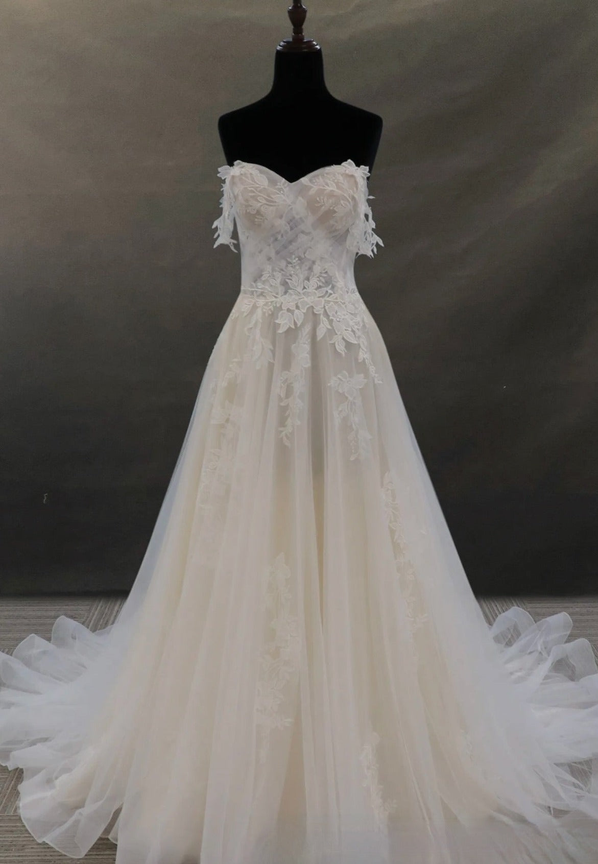 Off-The-Shoulder Lace And Tulle Bridal Gown With Sheer Bodice