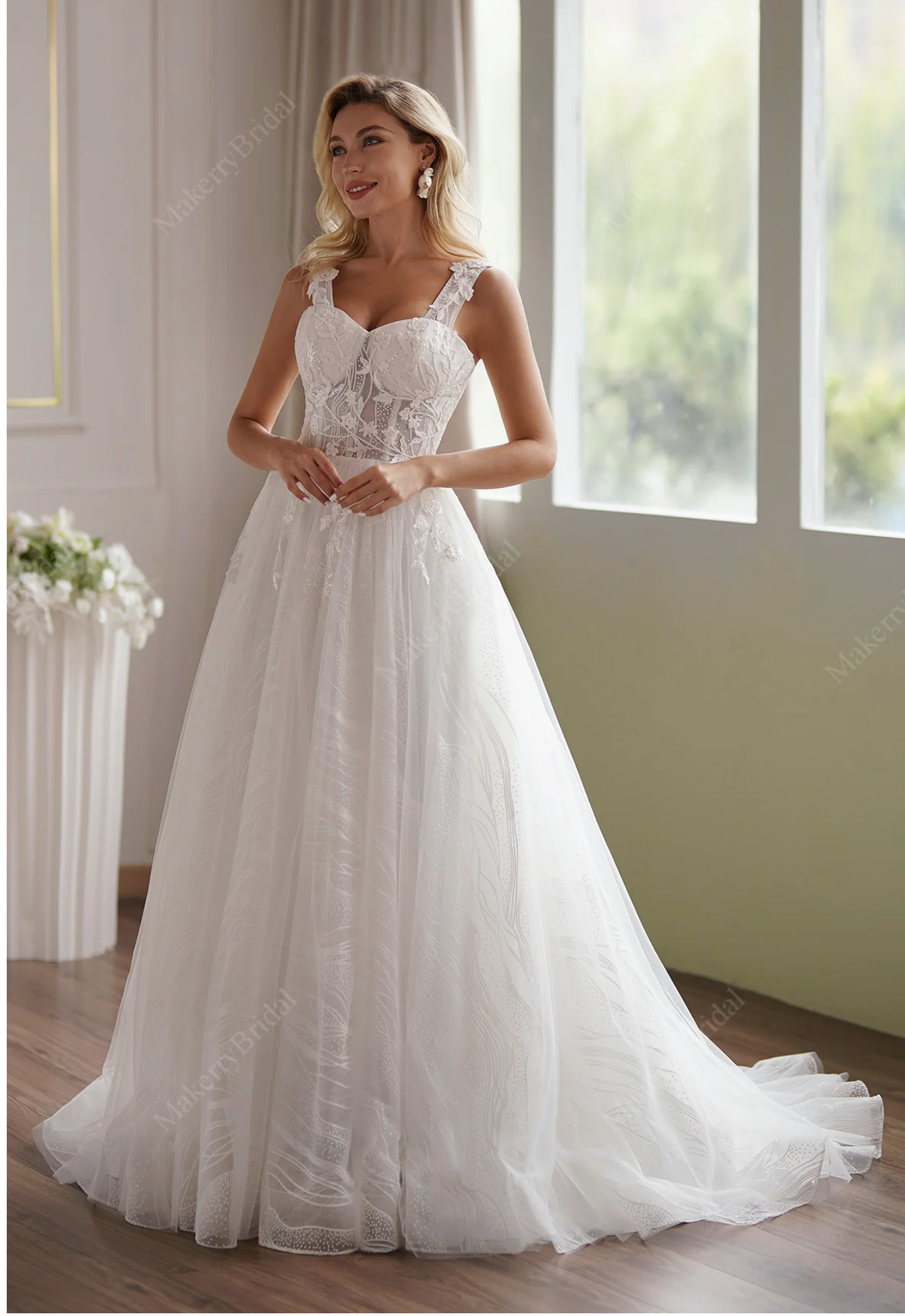 Romantic A-Line Lace Champagne Off-Shoulder Bridal Dress