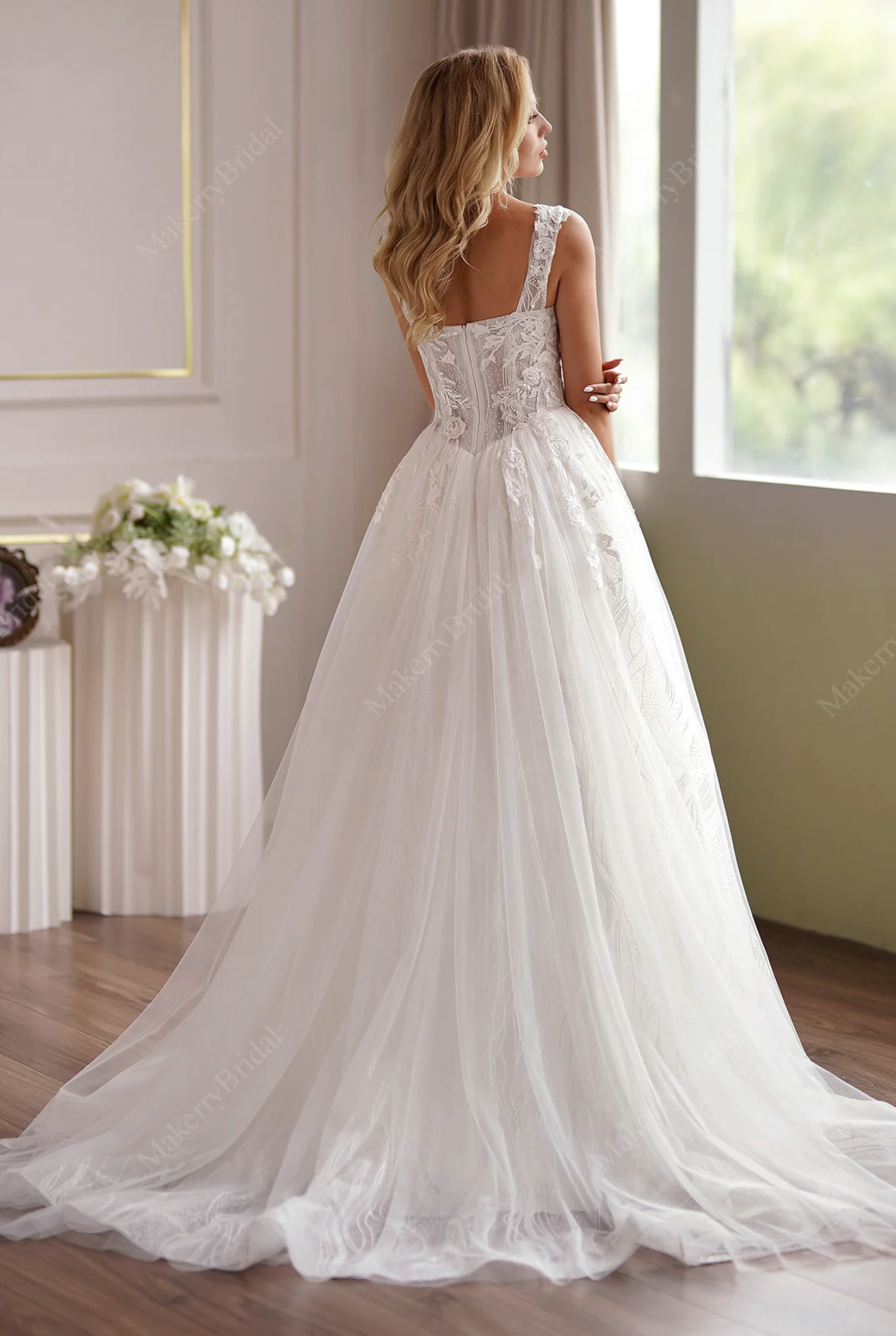 Romantic A-Line Lace Champagne Off-Shoulder Bridal Dress