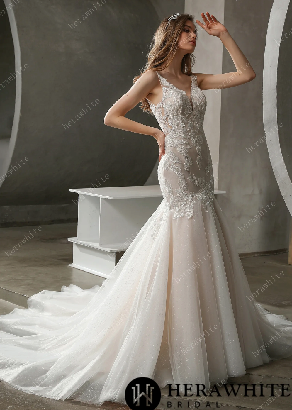 Plunging V-Neck Mermaid Wedding Dress with Illusion Square Back