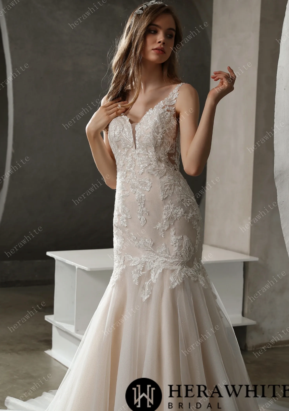 Plunging V-Neck Mermaid Wedding Dress with Illusion Square Back