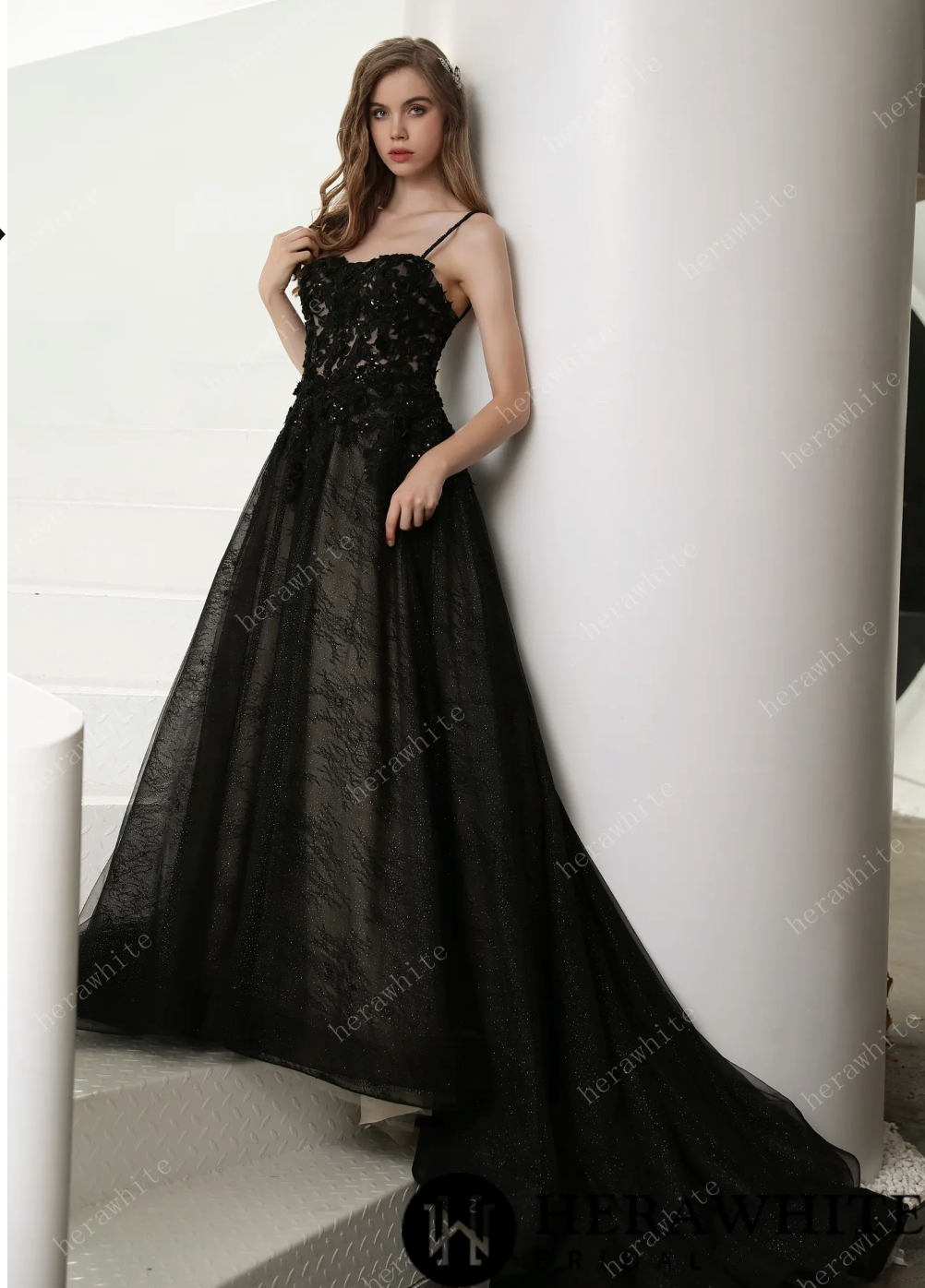 Black Illusion Lace Wedding Dress with Detachable Long Sleeves