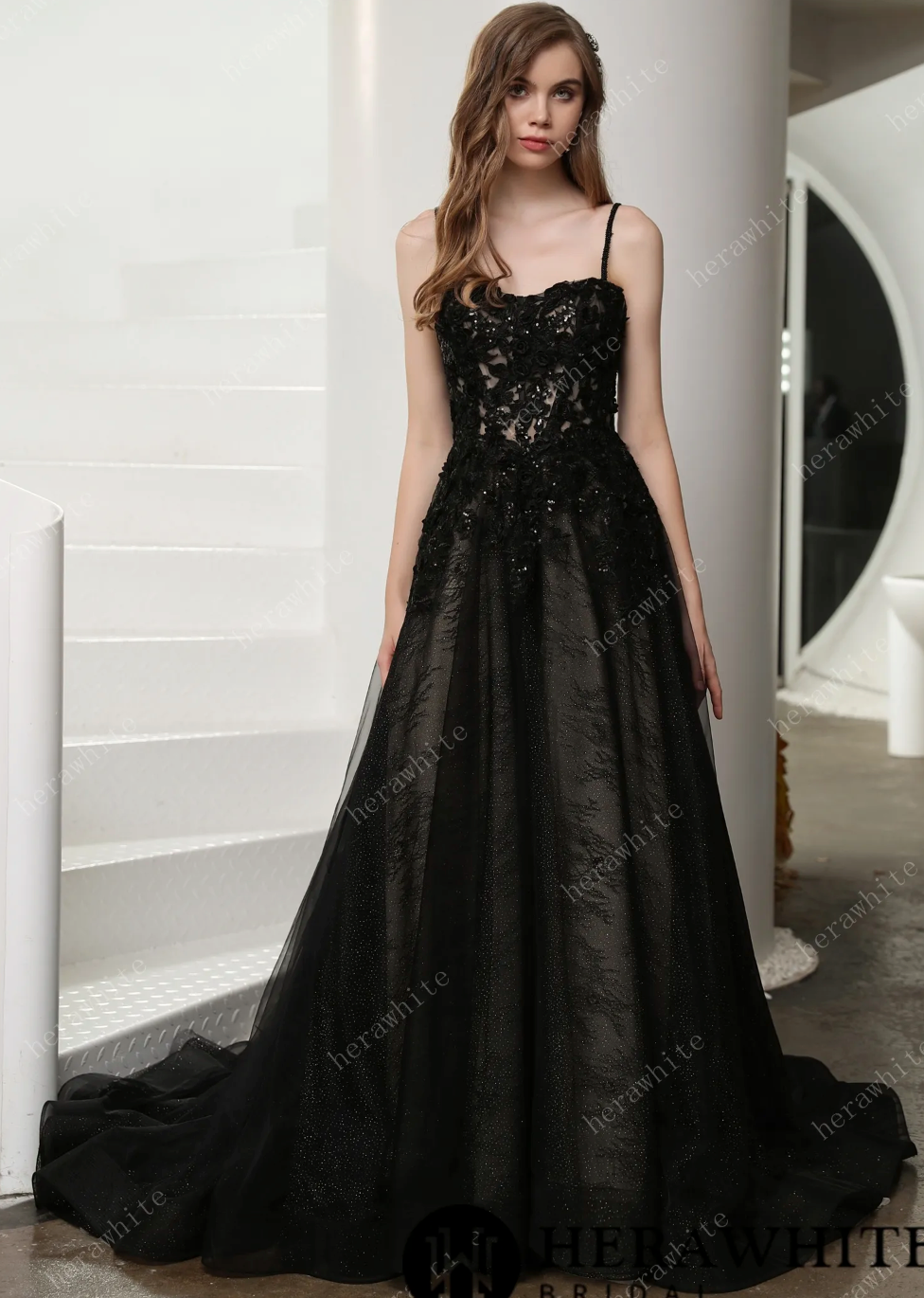 Black Illusion Lace Wedding Dress with Detachable Long Sleeves