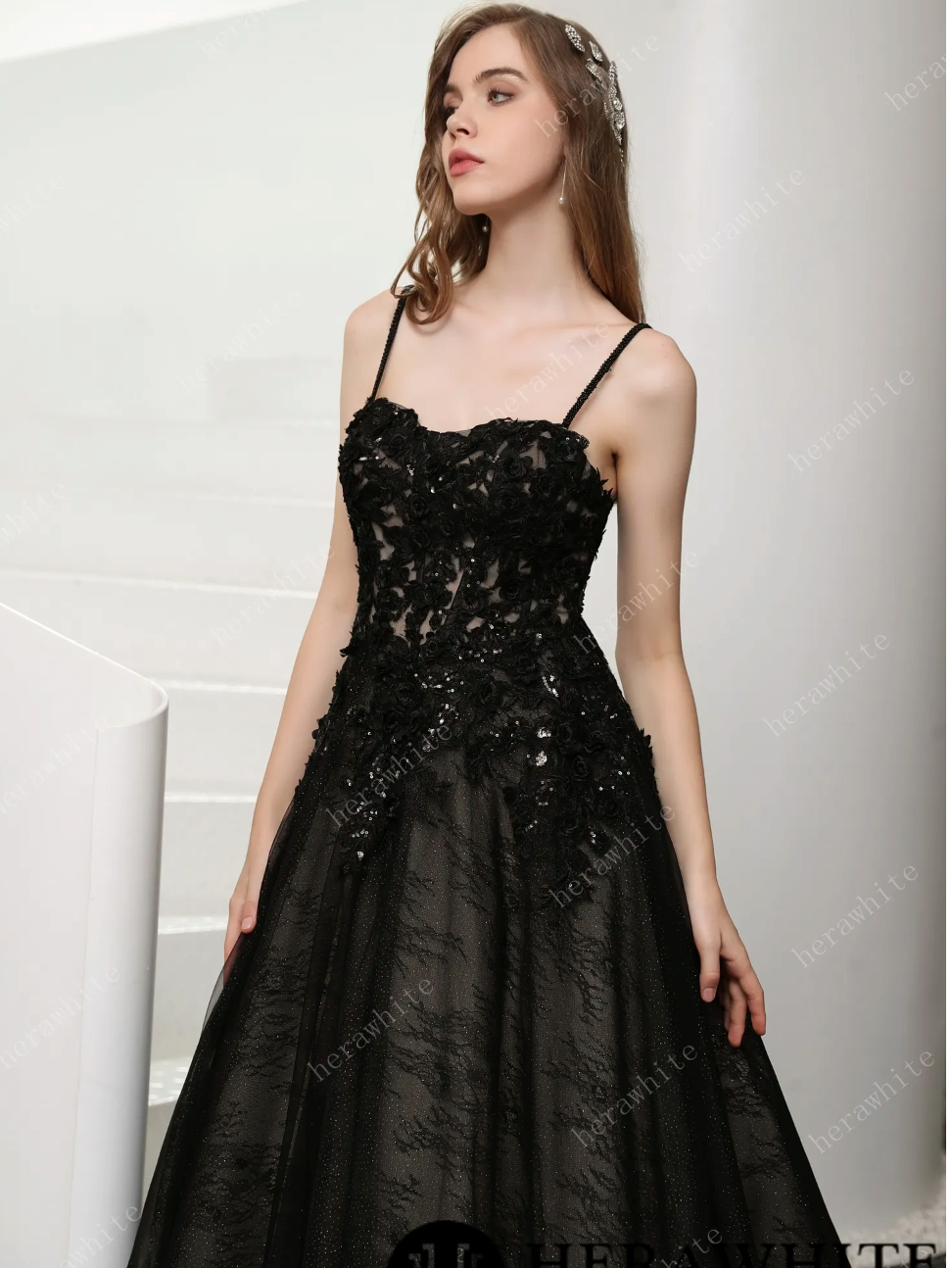 Black Illusion Lace Wedding Dress with Detachable Long Sleeves