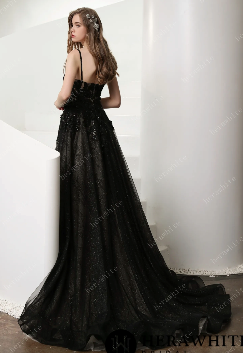 Black Illusion Lace Wedding Dress with Detachable Long Sleeves
