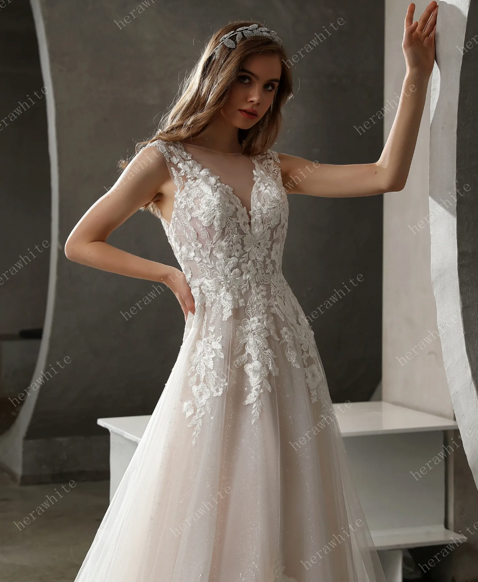 Sparkly Tulle and Lace A-Line Bridal Gown with Bateau Neckline