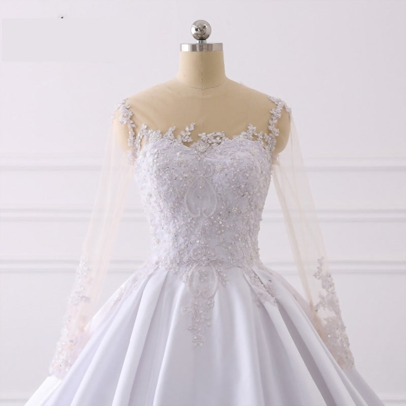 White Satin A Line Lace Illusion Sleeve Royal Train Wedding Bridal Ball Gown