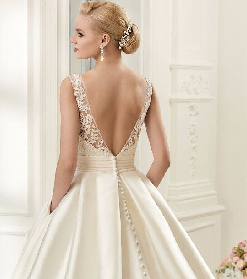 Backless Satin A Line Wedding Dress Chapel Train Bridal Gown