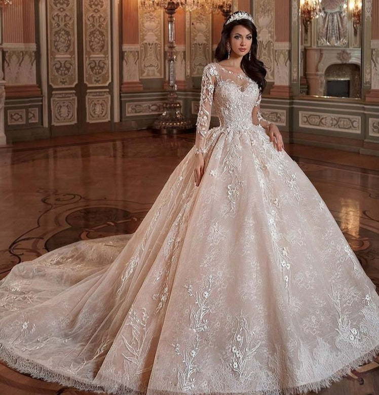 Lace Tulle Long Sleeve Chapel Train Princess Ball Gown