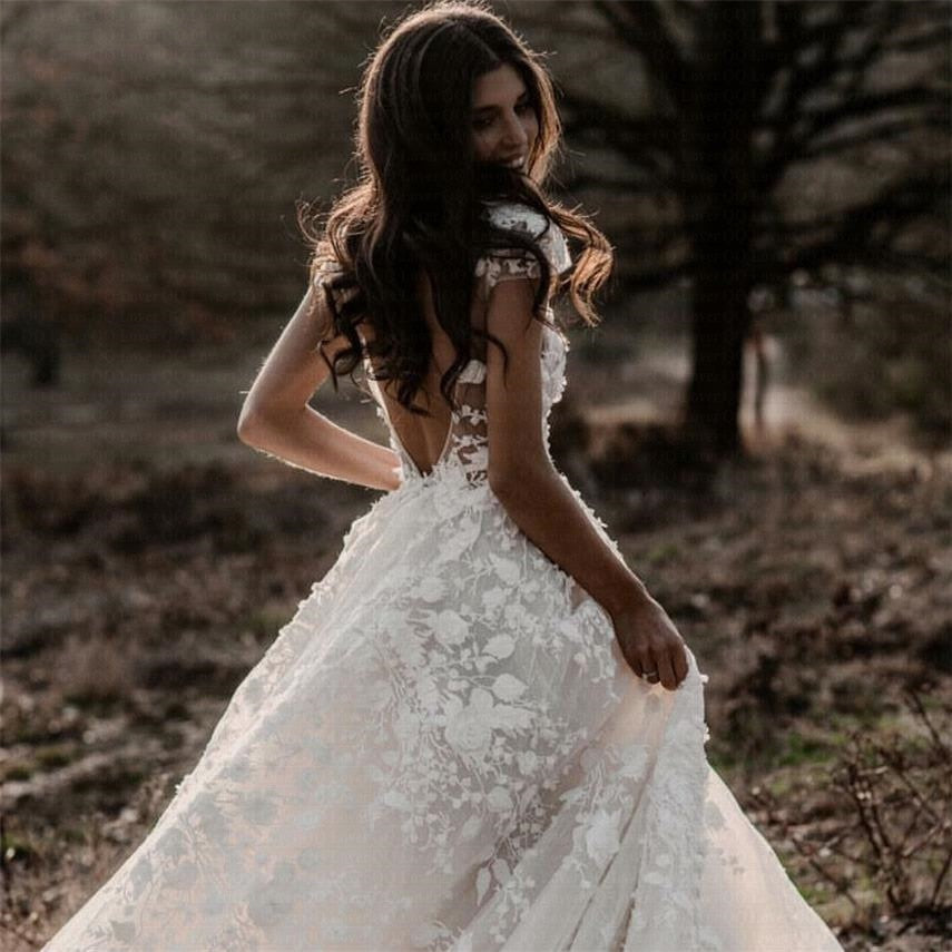 Romantic Boho Country A Line Wedding Bridal Dress With 3D Flowers