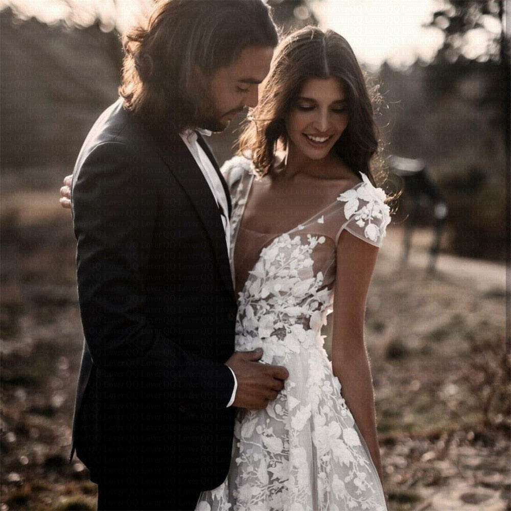 Romantic Boho Country A Line Wedding Bridal Dress With 3D Flowers