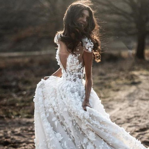 Romantic Boho Country A Line Wedding Bridal Dress With 3D Flowers