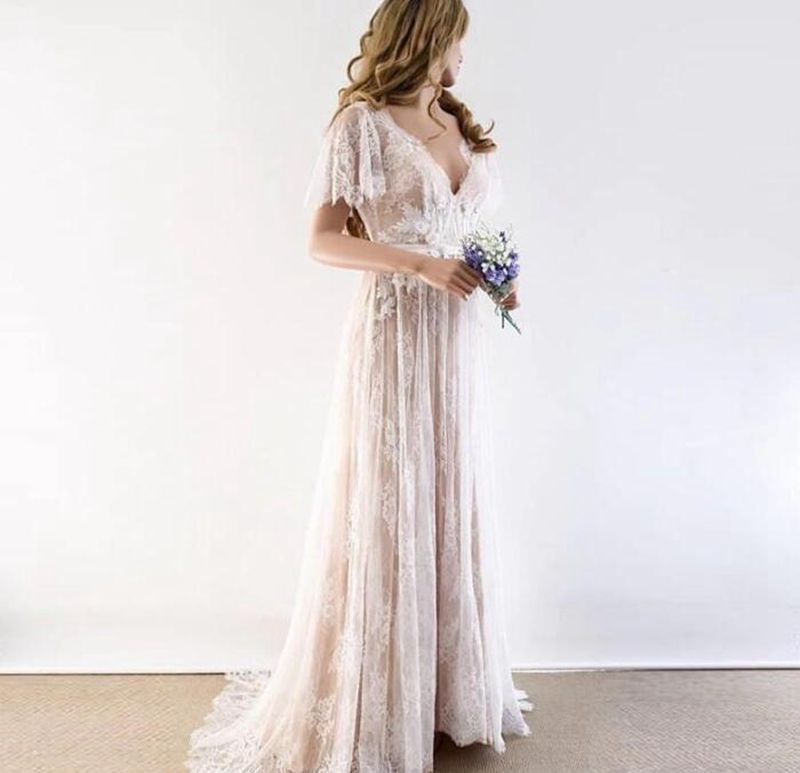 Lace Bohemian A Line Beach Bridal Wedding Gown