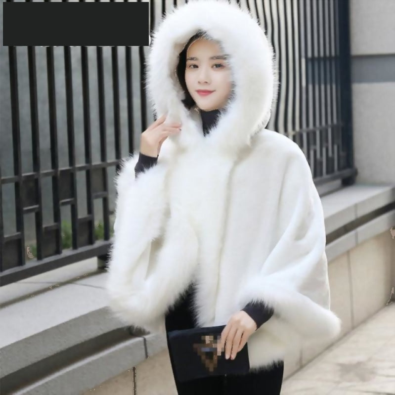 Imitation Mink Fleece Short Style Women Hooded Cape Poncho