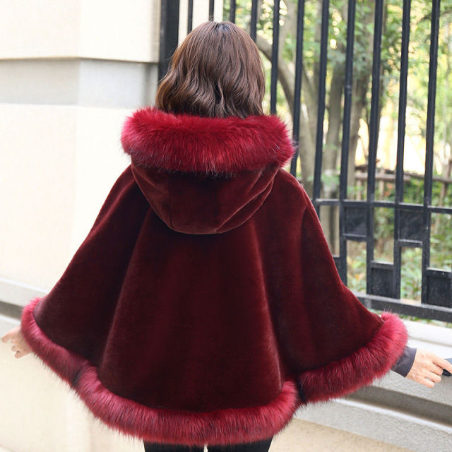 Imitation Mink Fleece Short Style Women Hooded Cape Poncho