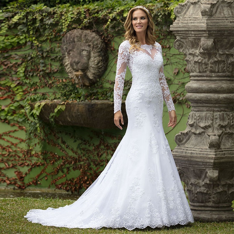 Lace High Neck Long Sleeve Mermaid Wedding Bridal Gown