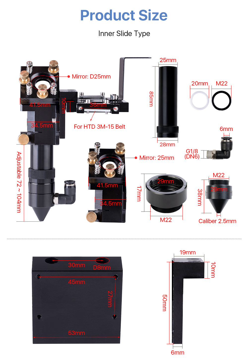 Cloudray CO2 Laser Head Inner Slider Type with Air Assist Nozzle for Inner Rail