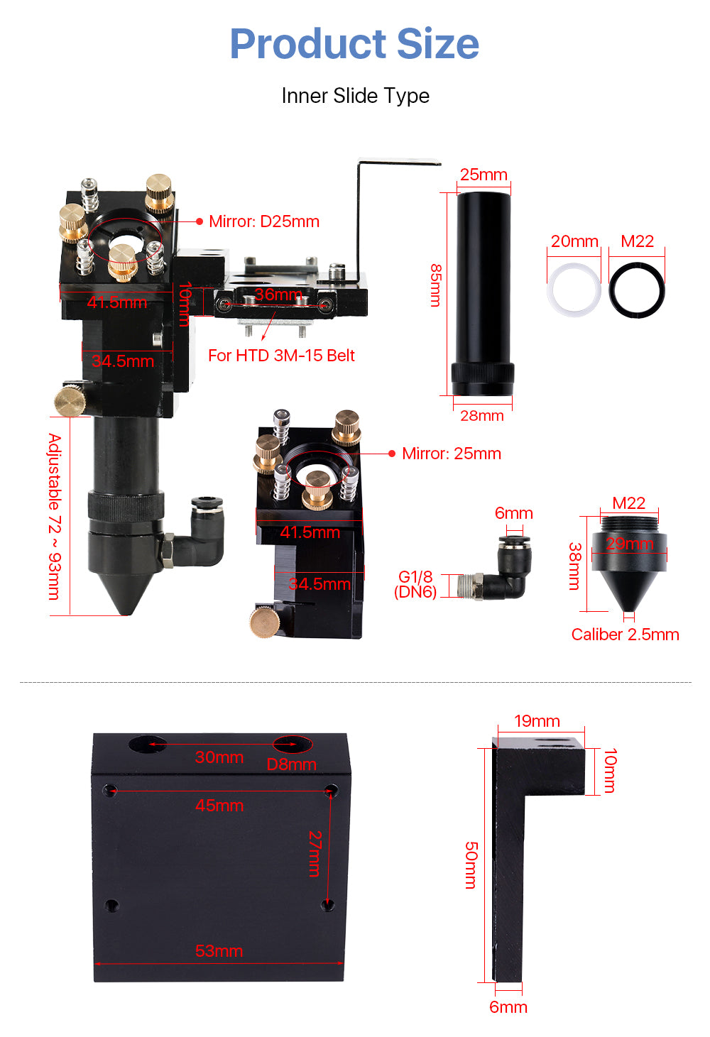 Cloudray CO2 Laser Head Inner Slider Type with Air Assist Nozzle for Inner Rail