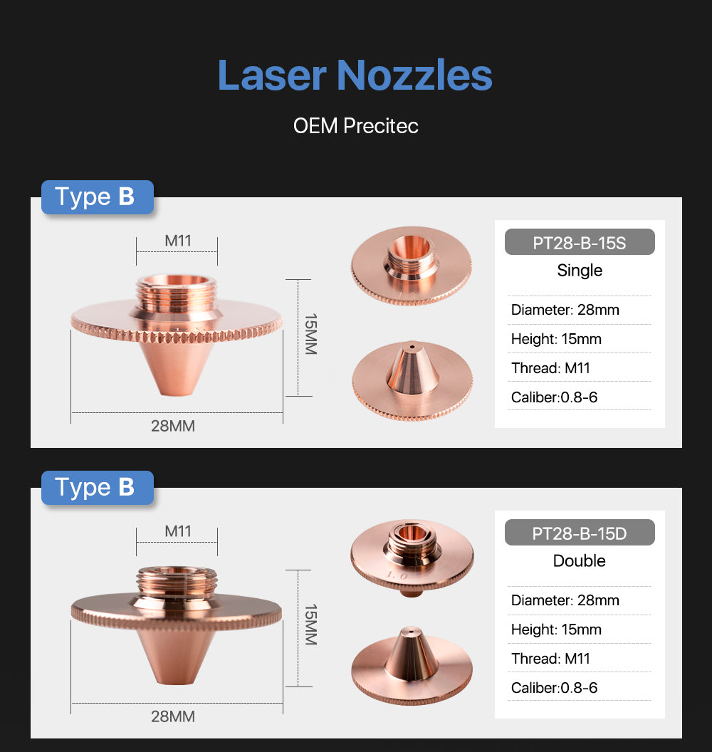 B Type Precitec TQ Cutting Nozzles Laser Nozzle Double Layer D28 H15 M11 Caliber 0.8mm - 4.0mm