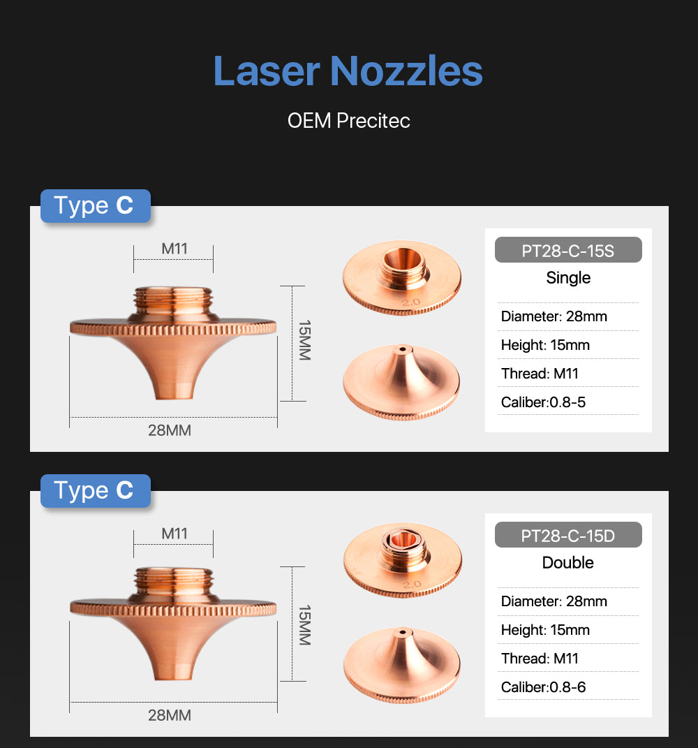 C Type Precitec HSG Cutting Nozzles Diameter 28mm Caliber 0.8 - 4.0mm OEM for Precitec Fiber Laser Head