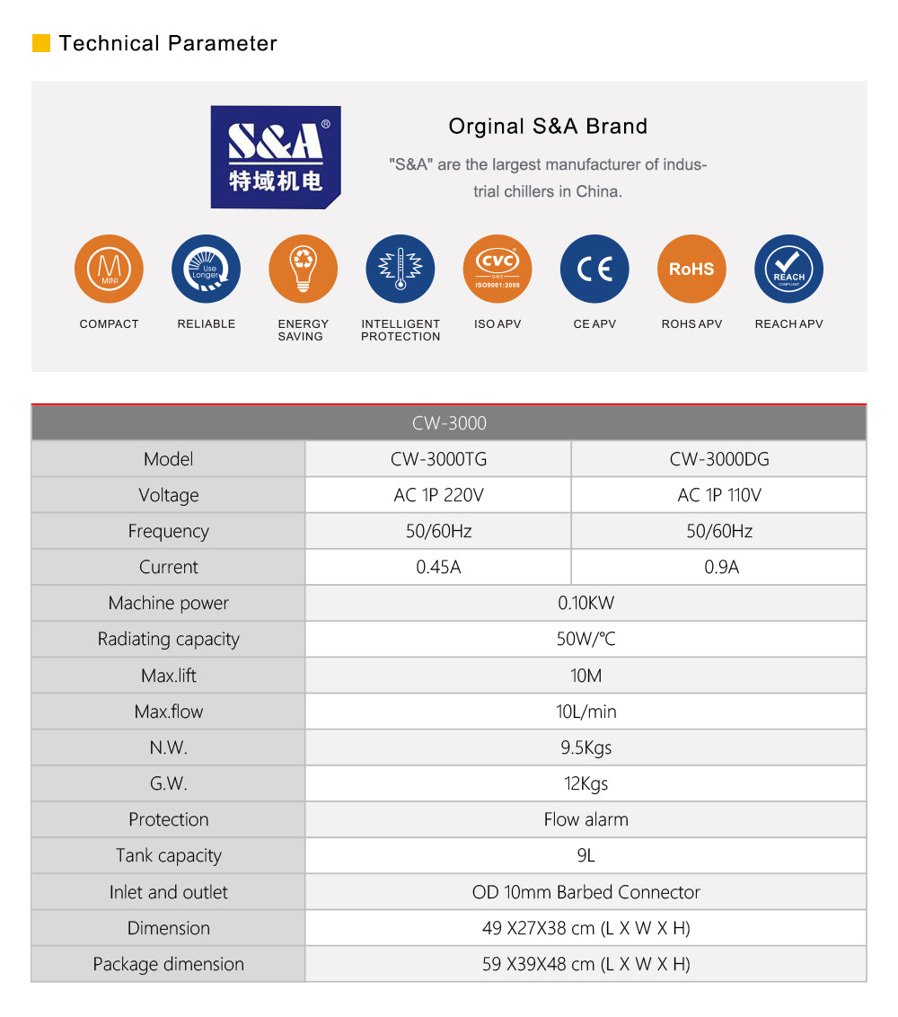 S&A Industrial Chiller CW3000 for Cooling 60W 80W Laser Tube