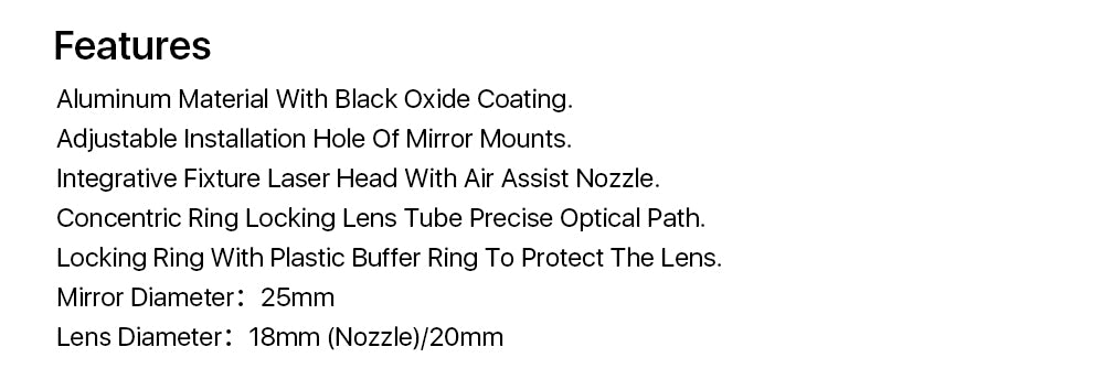 CO2 Laser Head Set + 1 Pcs Focus Lens18/20mm + 3 Pcs Reflective Mirror 25mm for CO2 Laser Engraving Cutting Machine