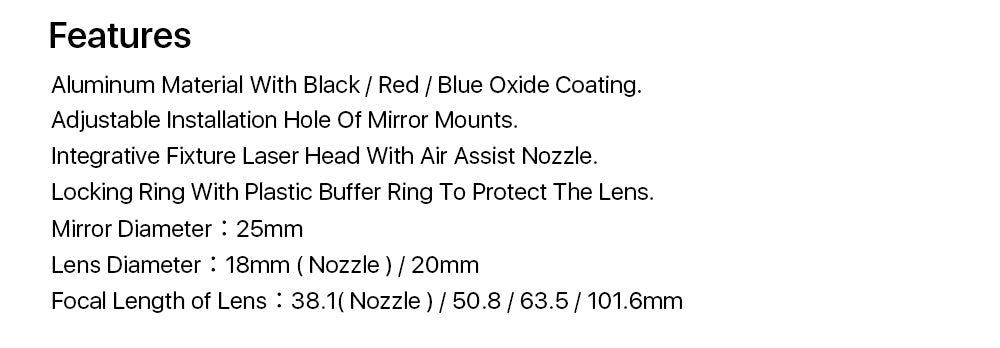 CO2 Laser Head Set for Focusing Lens D20mm FL50.8 & 63.5 & 101.6 Mirror 25mm