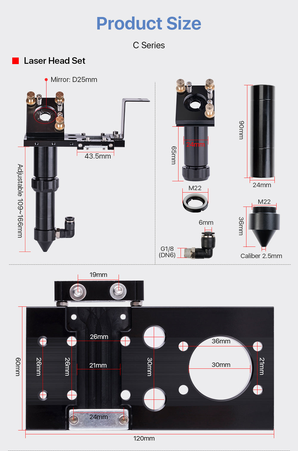 CO2 Laser Head Set + 1 Pcs Focus Lens18/20mm + 3 Pcs Reflective Mirror 25mm for CO2 Laser Engraving Cutting Machine