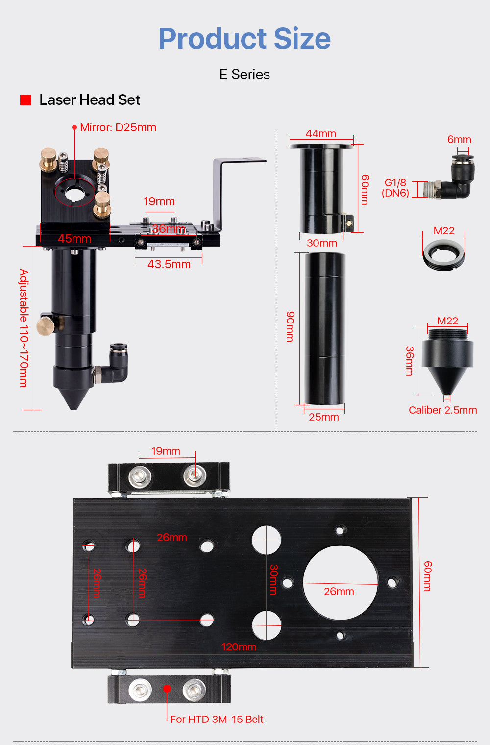 E Series CO2 Laser Head Set + 1 Pcs Focus Lens 20mm + 3 Pcs Reflective Mirror 25mm for CO2 Laser Engraving Cutting Machine
