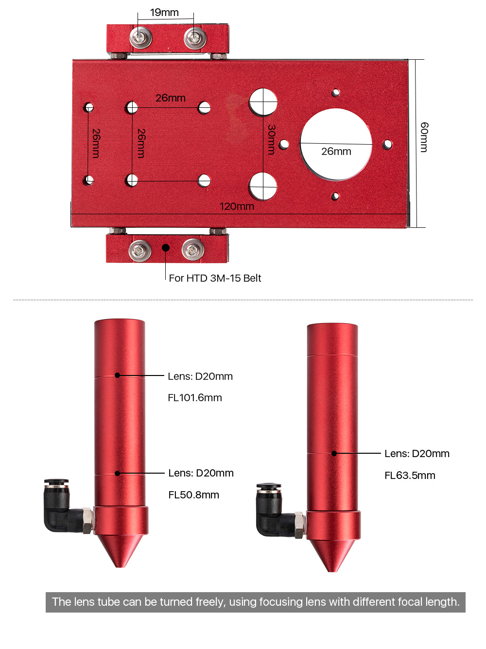 CO2 Laser Head (Red) for Focus Lens Dia.18/20mm FL38.1/50.8/63.5/101.6mm for Laser Cutting Machine