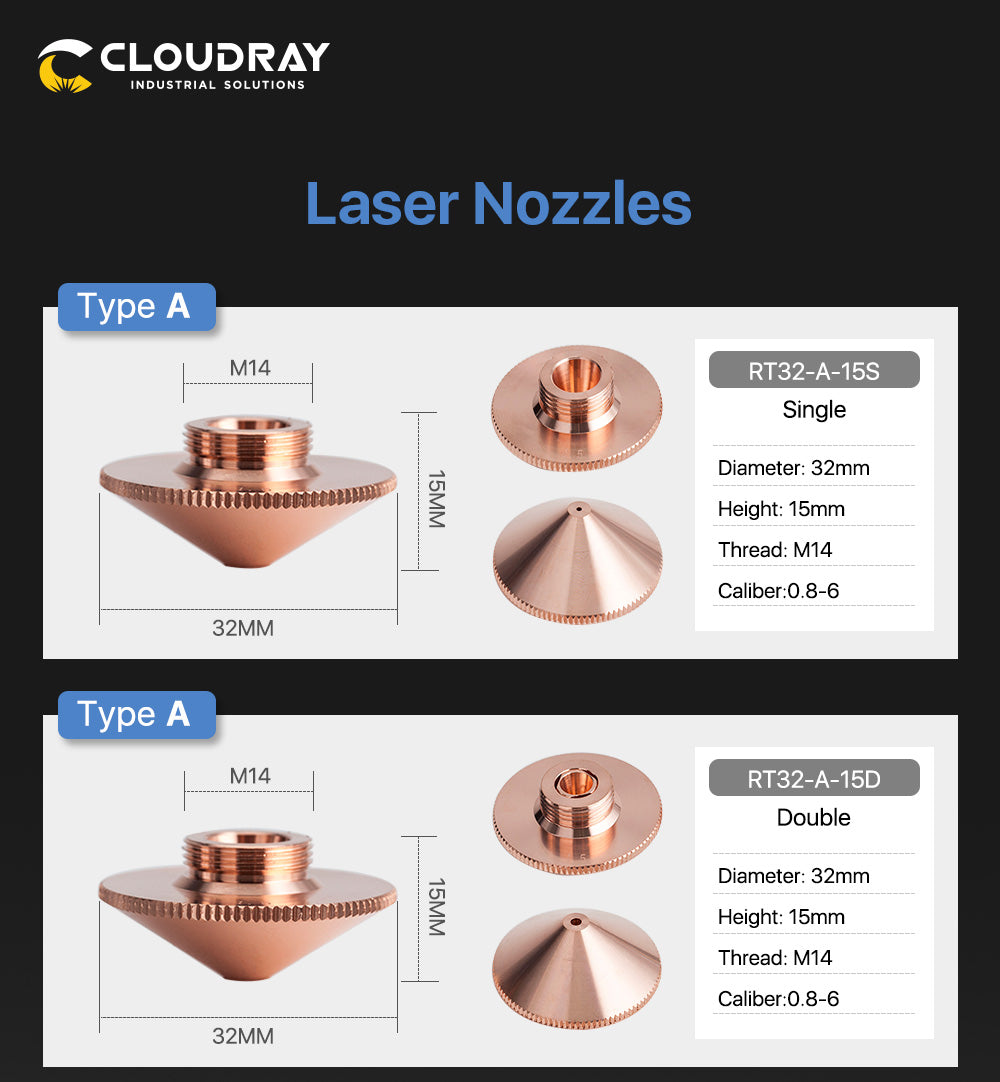 Cloudray Laser Nozzle A Type for Raytools Cutting Nozzles Dia.32mm Height 15mm Caliber 0.8 - 6.0mm