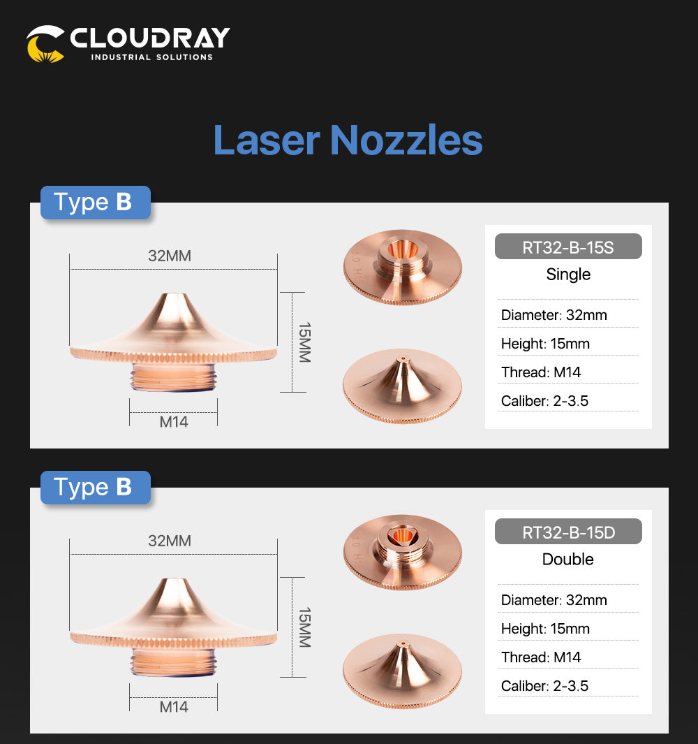 Cloudray Nozzles B Type for Raytools FZ Cutting Nozzles Dia.32mm Height 15mm Caliber 0.8 - 6.0mm