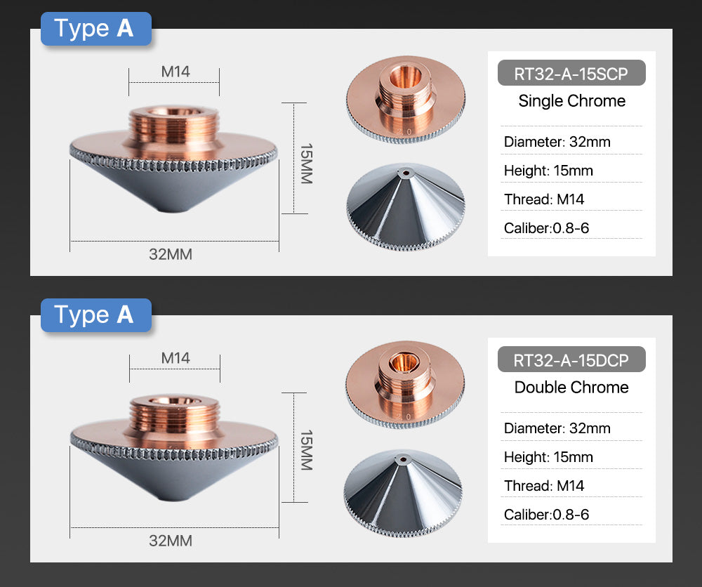 Cloudray Laser Nozzle A Type for Raytools Cutting Nozzles Dia.32mm Height 15mm Caliber 0.8 - 6.0mm