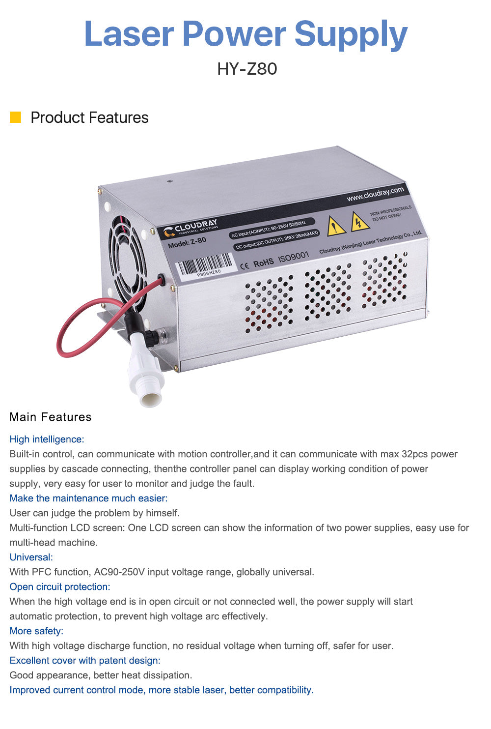 80-100W CO2 Laser Power Supply AC90-250V for CO2 Laser Engraving Cutting Machine