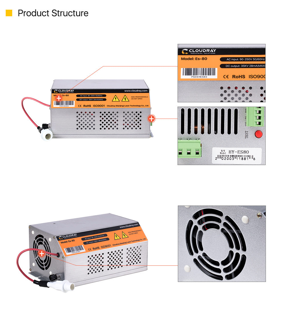 80-100W AC90-250V CO2 HY-Es Series Power Supply for Laser engraving cutting machine