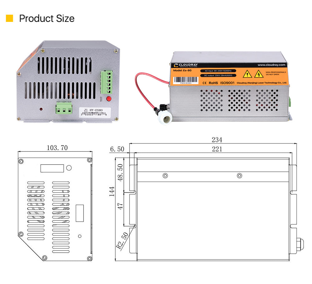80-100W AC90-250V CO2 HY-Es Series Power Supply for Laser engraving cutting machine
