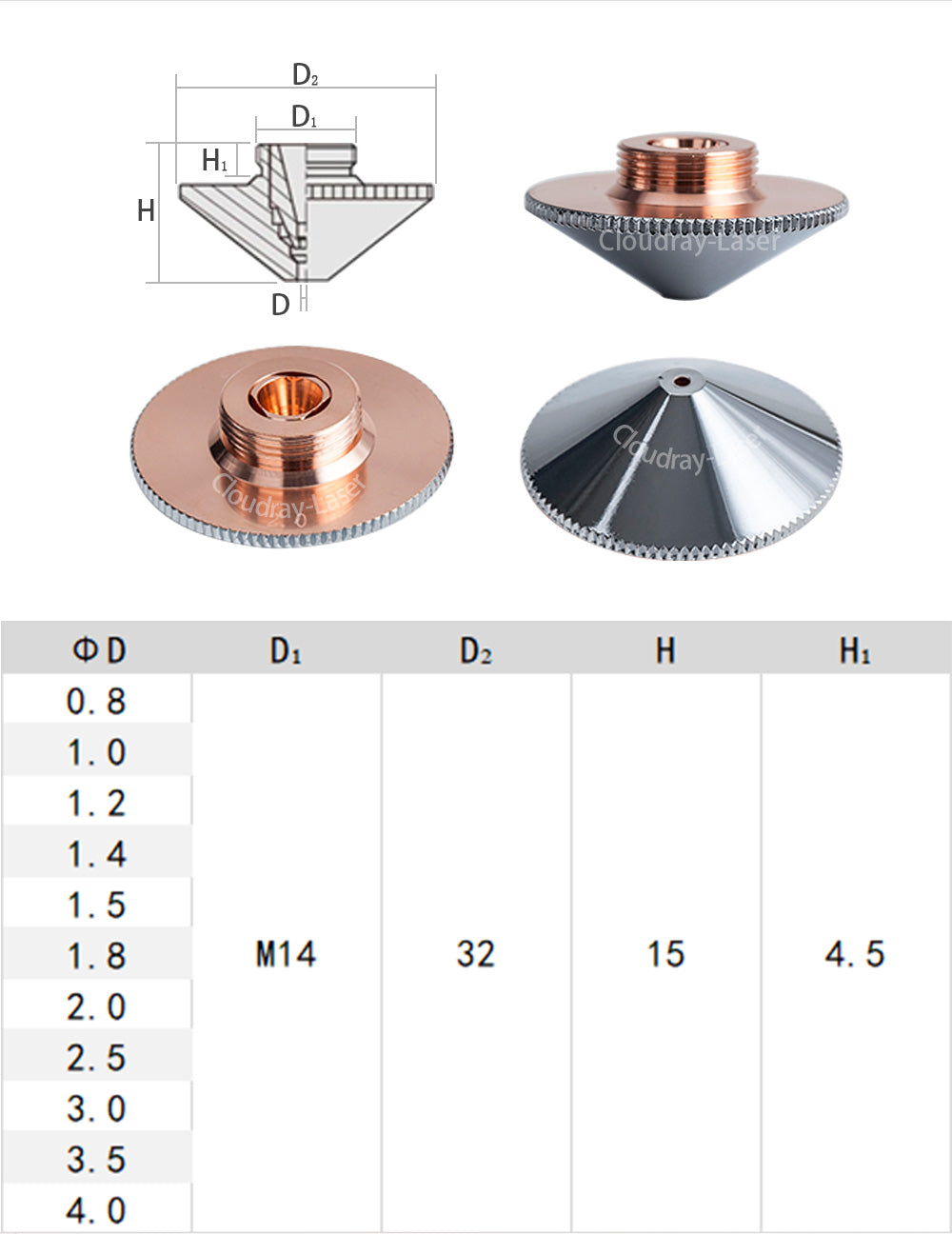 Nozzle Double Layers Chrome-plating Dia.32mm Height 15mm Caliber 0.8 - 4.0mm