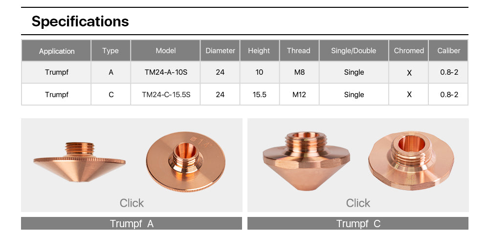 C Type OEM Trumpf EAA Nozzles Single Layer Caliber 0.8mm-2.7mm