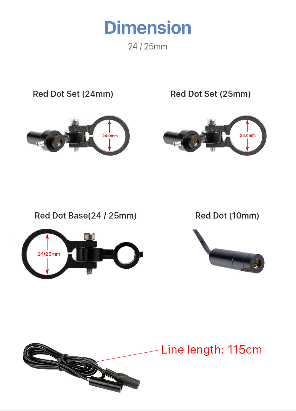 The red dot set is used for CO2 laser engraving and cutting. Holder diameter: 24.0, 25.0 mm Voltage: DC 5 V