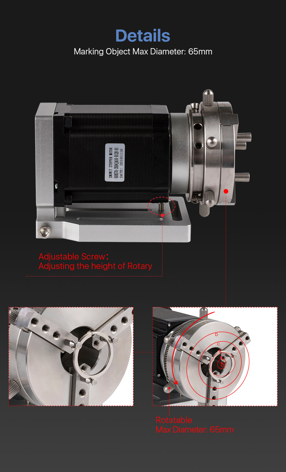Rotary Attachment Marking Object Max Diameter 65mm with Driver DM542S for Fiber Laser Marking Machine or Co2 Engraving Machine