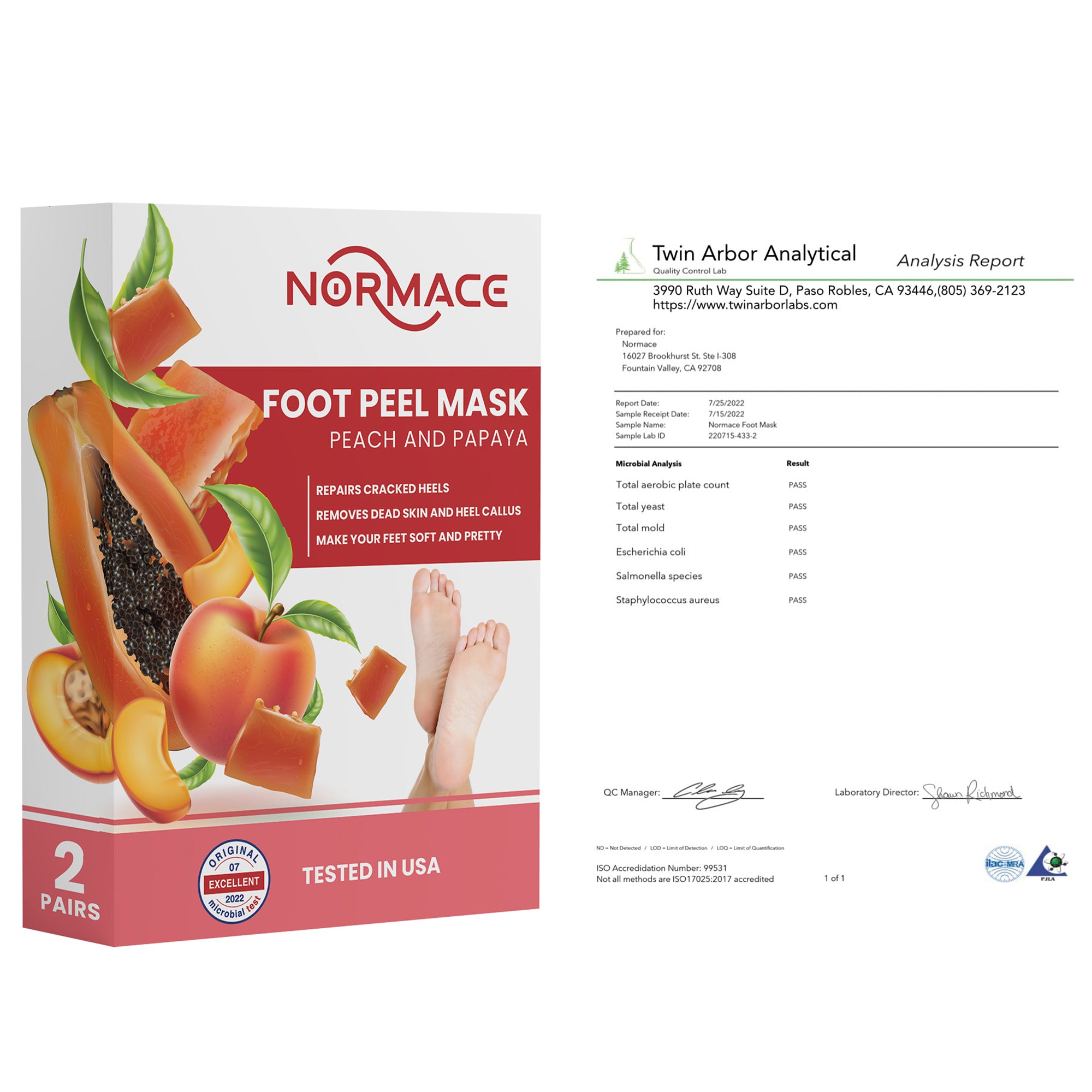 Foot Peel Mask with Peach and Papaya by Normace- 2 Pairs Exfoliating Foot Mask Microbial Tested for Dry, Cracked Feet, Callus & removing dead dry skin for soft baby feet.