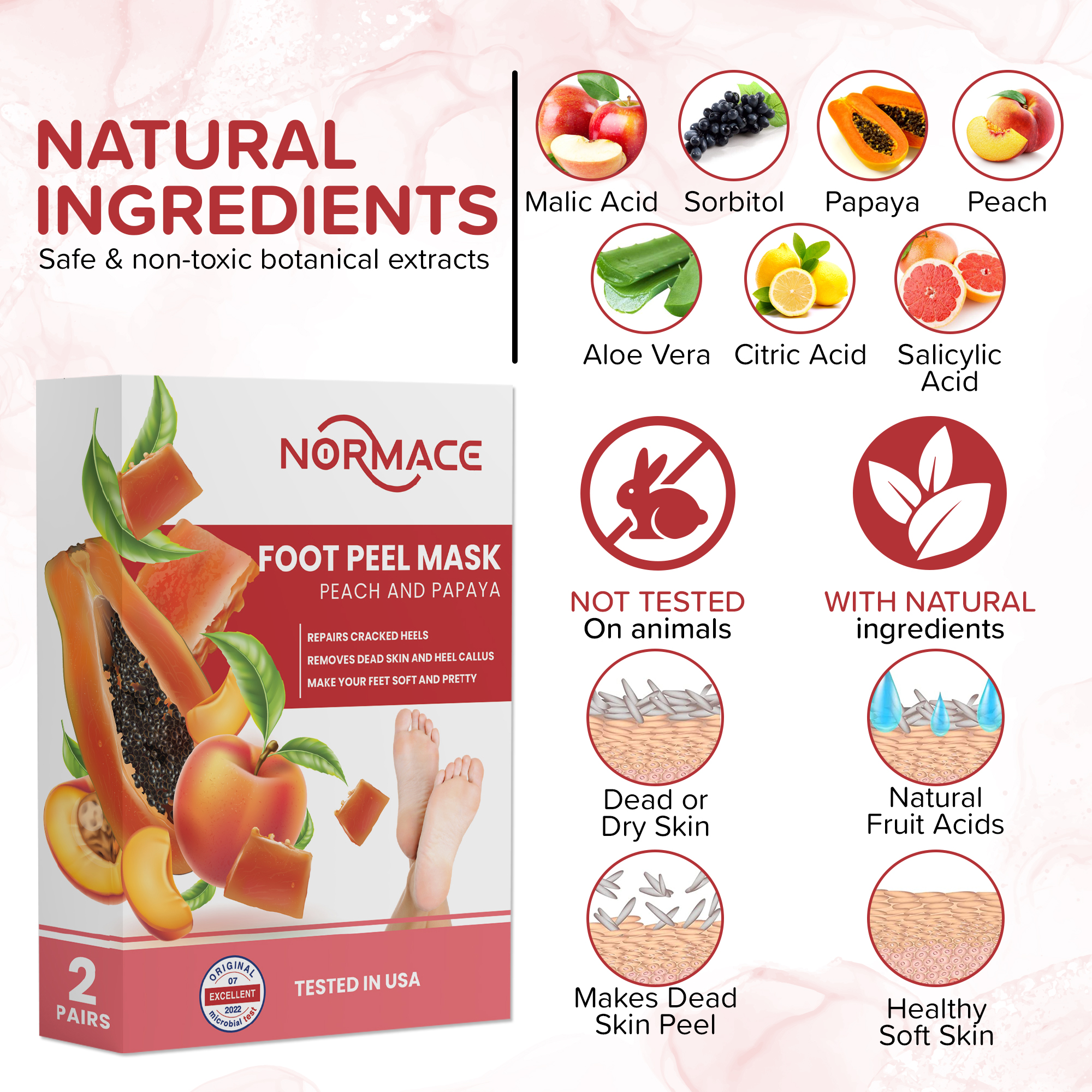 Foot Peel Mask with Peach and Papaya by Normace- 2 Pairs Exfoliating Foot Mask Microbial Tested for Dry, Cracked Feet, Callus & removing dead dry skin for soft baby feet.