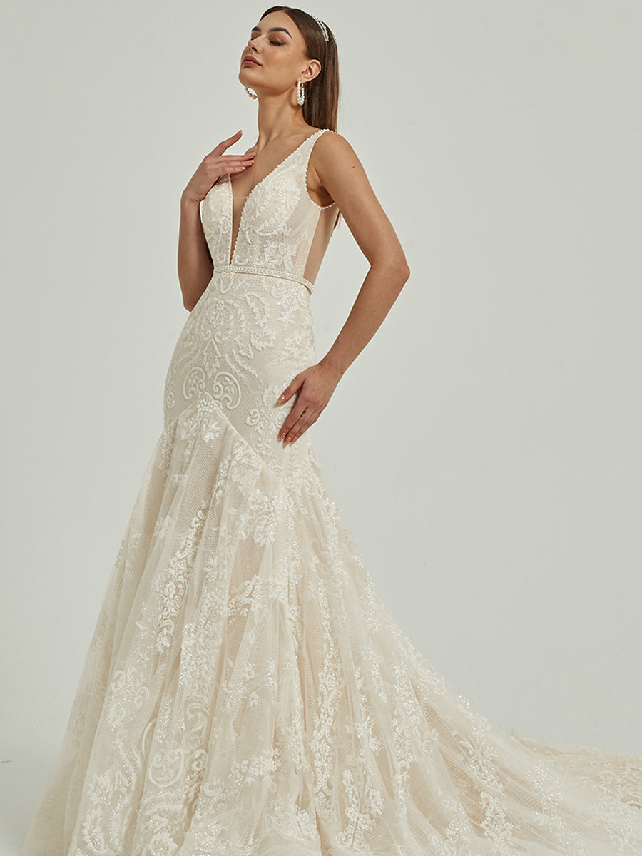 Bohemian Lace Bridal Gown with Train Amora