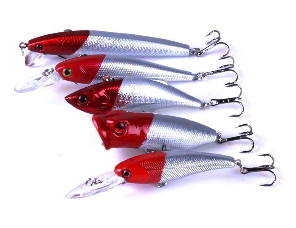 5Pcs/Lot Red Head Fishing Crank Tackle Set 5 Model Bait
