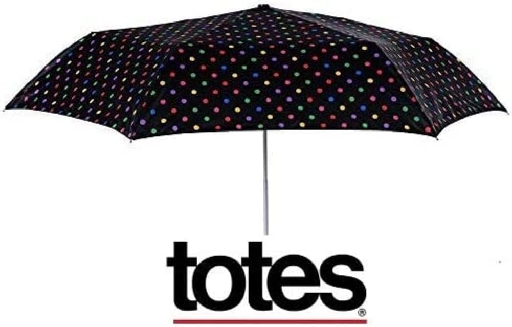 Totes Micro Mini Manual Compact Umbrella, NeverWet technology, Colorful dots on black, 38