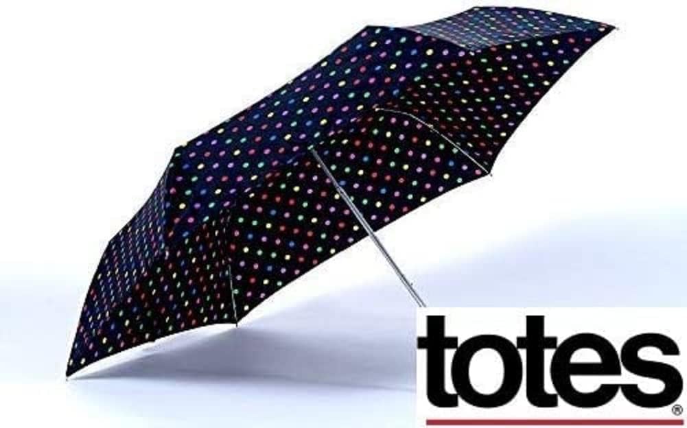 Totes Micro Mini Manual Compact Umbrella, NeverWet technology, Colorful dots on black, 38