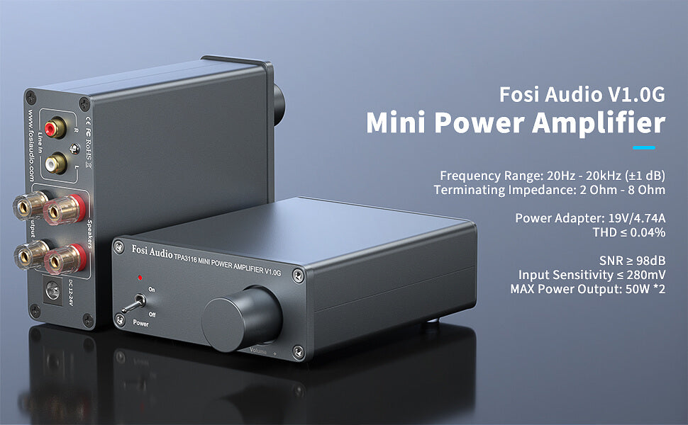 V1.0G 2 Channel Stereo Audio Class D Amplifier Mini Hi-Fi Professional Digital Amp for Home Speakers 50W x 2 with powersupply - Fosi Audio